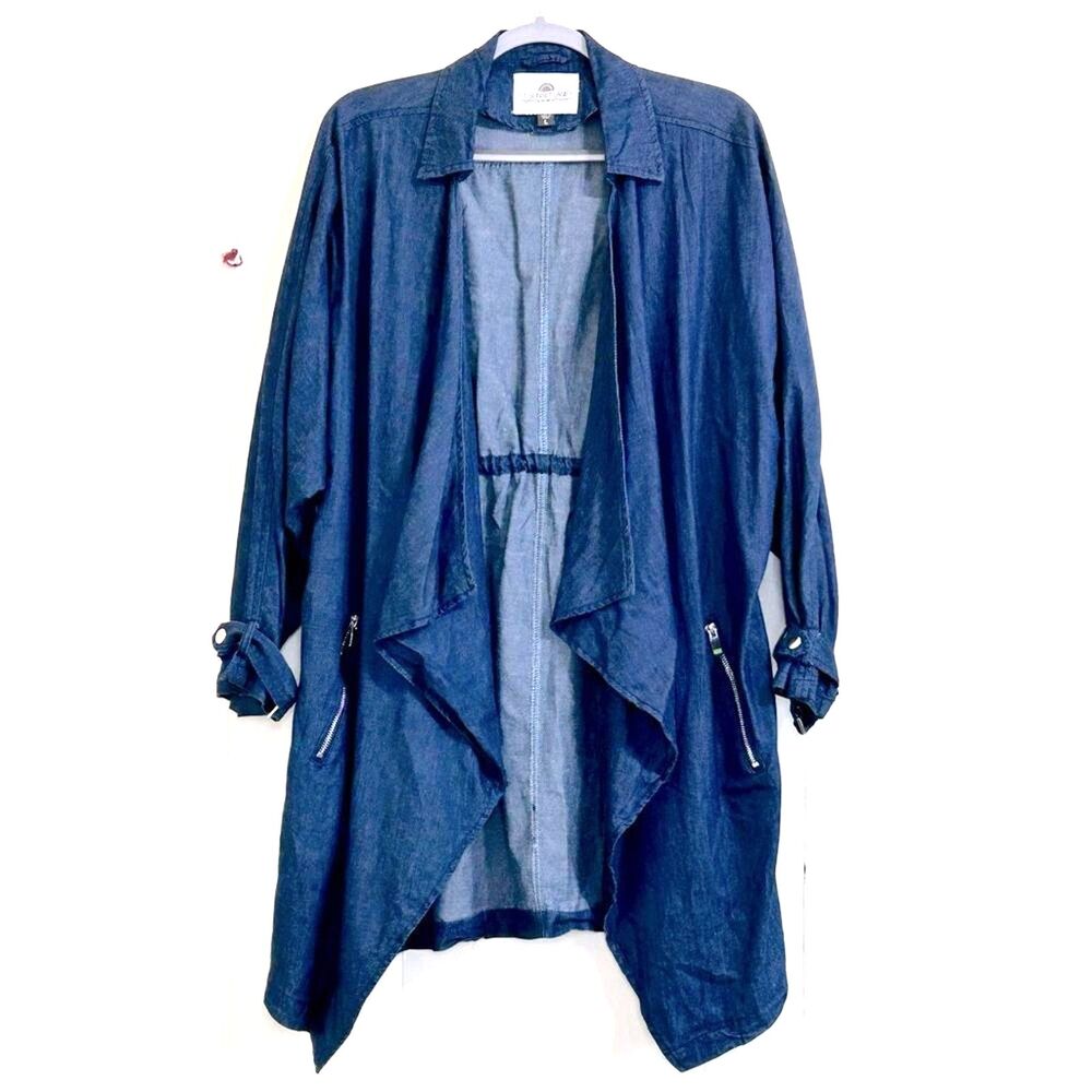 1 SUNSET LANE Chambray Jacket Size L Lightweight Denim Blue Open Jacket Coat